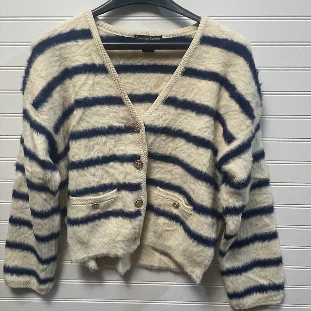 Christian Lacroix Cream and Navy Striped Fuzzy Cardigan Medium Old Money Femme